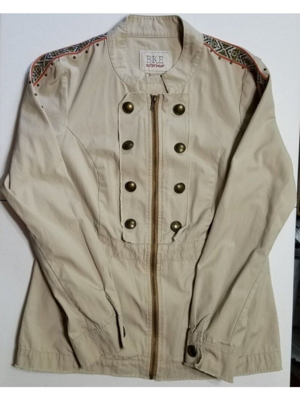 BKE Outerwear Khaki Zip Aztec Western Boho Studded Distressed Jacket Women's M